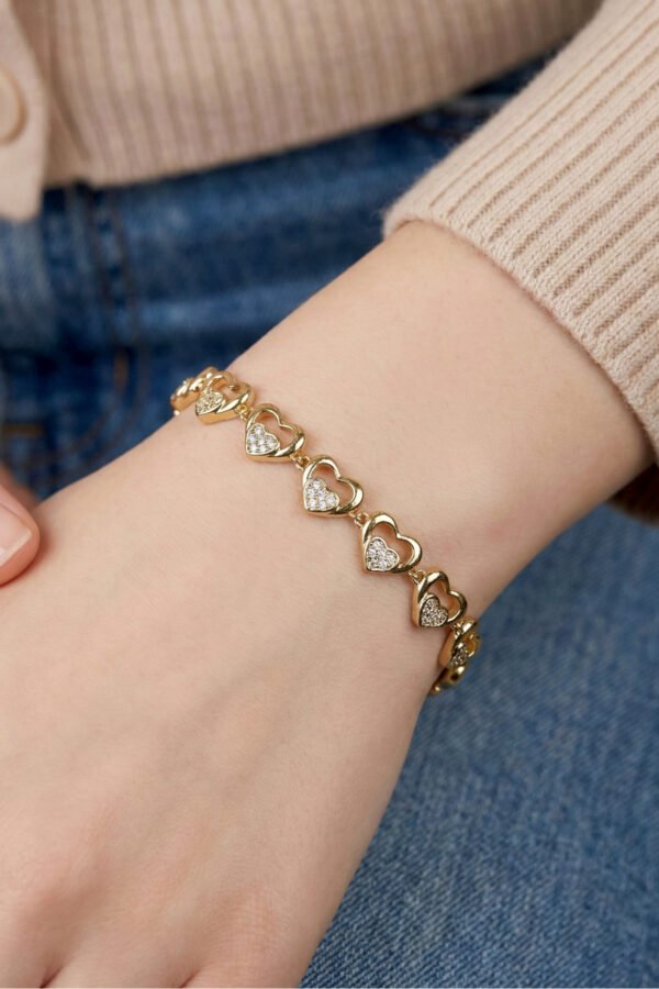 Xuping Taşlı Kalpli Zincir Kadın Bileklik – 17+2 cm | Altın Renk Kararmaz Xuping Takı