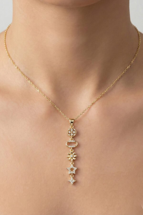 Çelik 14K Yıldızlı Çiçekli Y Kolye 40+5 cm | Altın Renkli Kararmaz Takı Kadın Çelik Kolye
