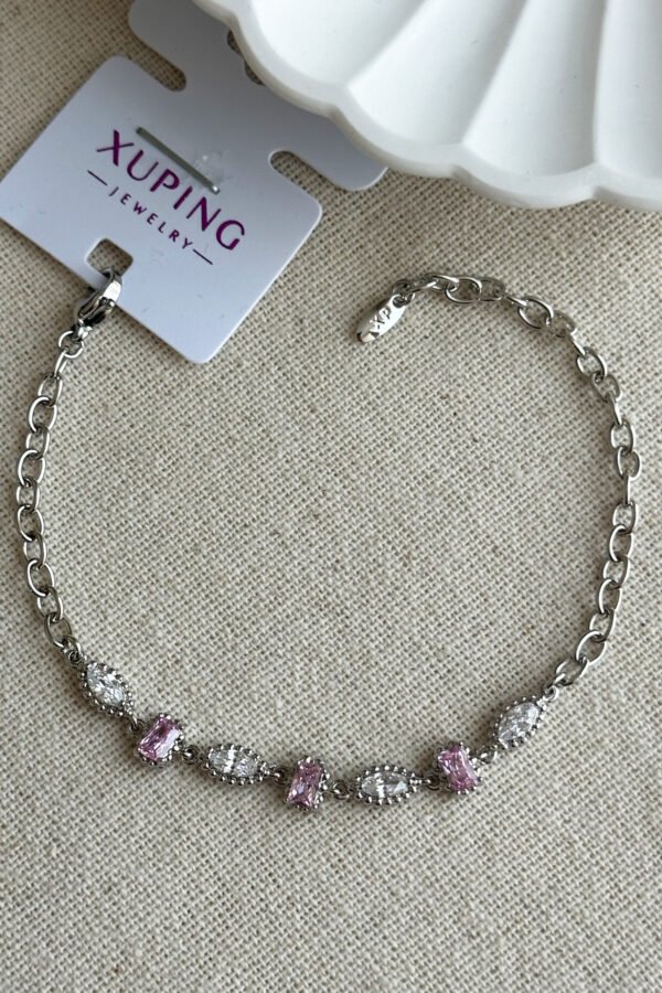 Xuping Pembe Taşlı Zincir Kadın Bileklik – 19 cm | Gümüş Renk Kararmaz Xuping Takı