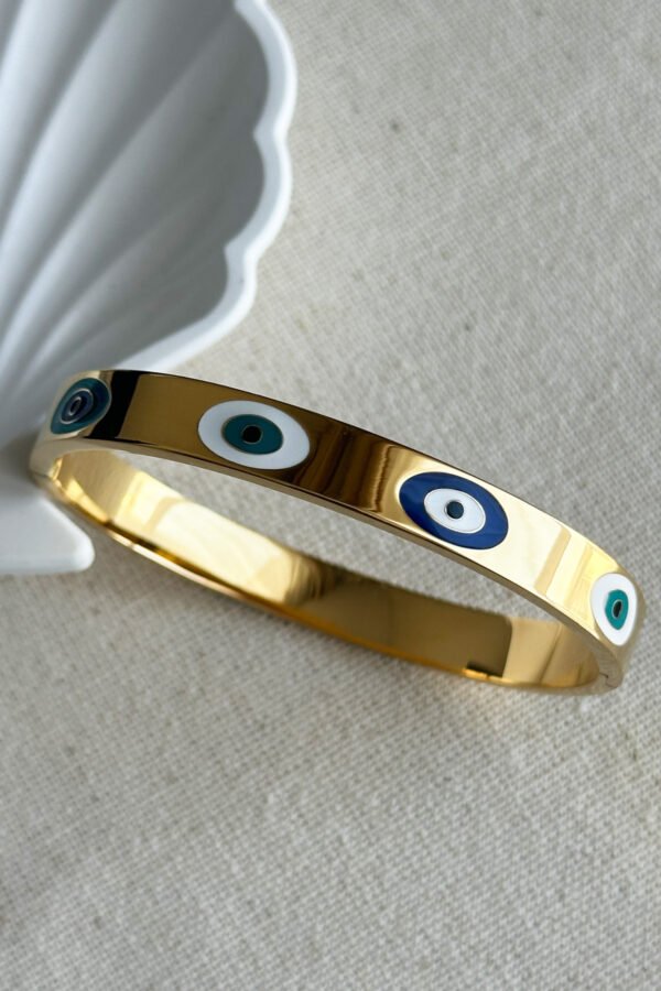 Çelik 22K Tam Tur Nazar Boncuklu Kadın Kelepçe Bileklik – 18 cm | Altın Renk Kararmaz Çelik Takı