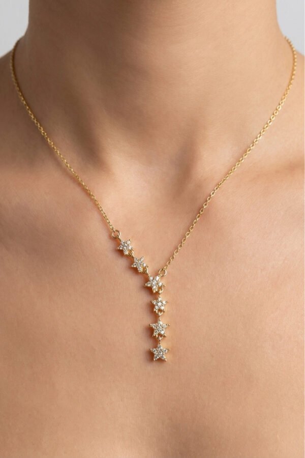 Çelik 14K Yıldızlı Taşlı Y Kolye 40+5 cm | Altın Renkli Kararmaz Takı Kadın Çelik Kolye