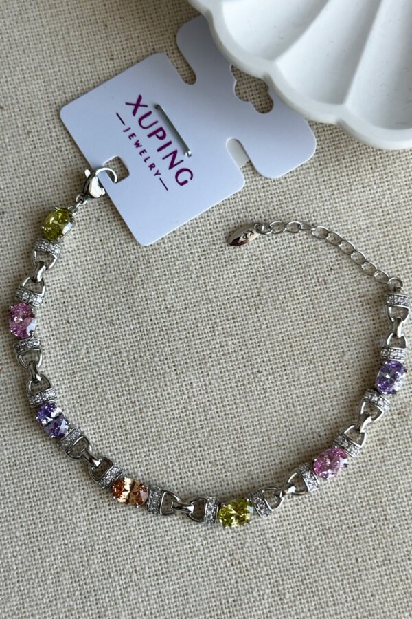 Xuping Renkli Taşlı Zincir Taşlı Kadın Bileklik – 16+3 cm | Gümüş Renk Kararmaz Xuping Takı
