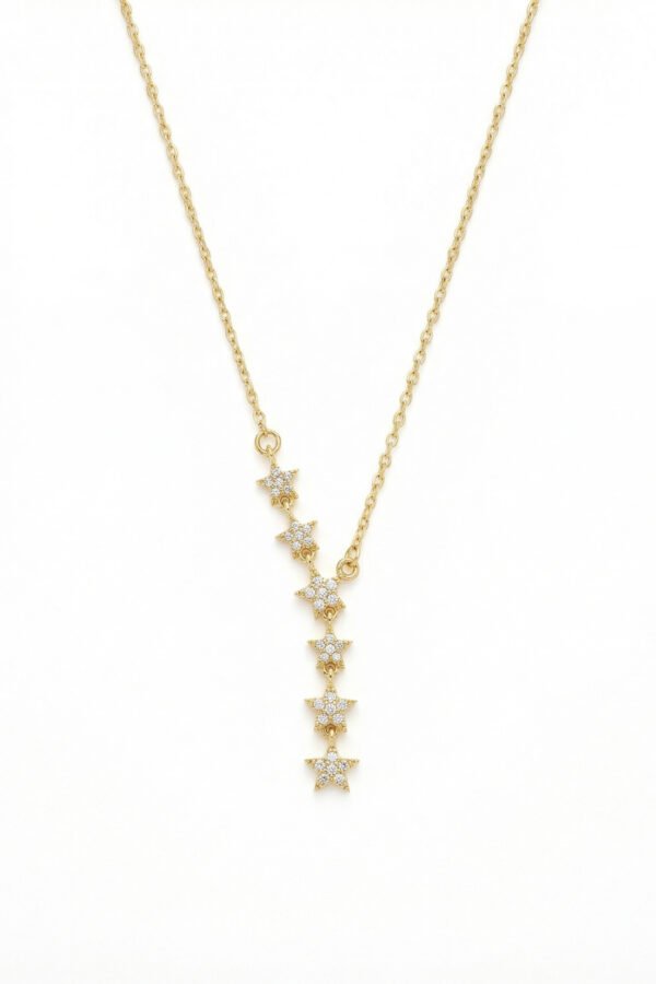 Alternative view of Çelik 14K Yıldızlı Taşlı Y Kolye 40+5 cm | Altın Renkli Kararmaz Takı Kadın Çelik Kolye