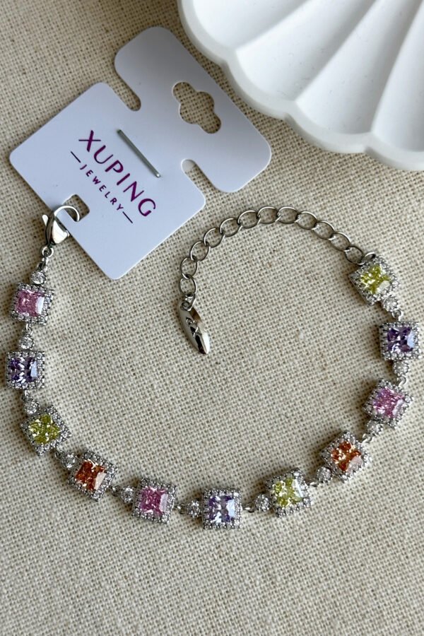 Xuping Renkli Taşlı Kare Kadın Bileklik – 16+3 cm | Gümüş Renk Kararmaz Xuping Takı