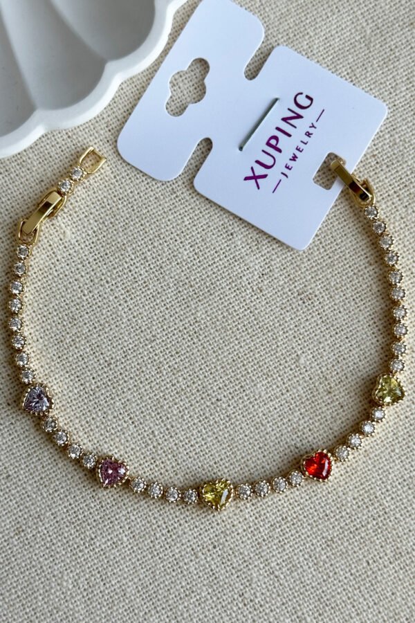 Xuping 14K Renkli Taşlı Kalpli Su Yolu Kadın Bileklik 16+2 cm | Altın Renk Kararmaz Xuping Takı