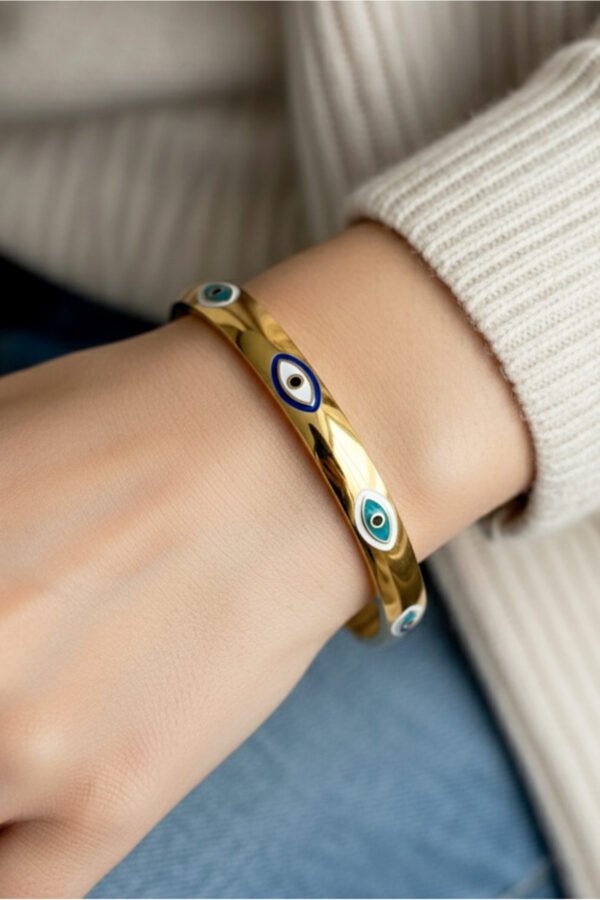 Çelik 18 Cm Çift Taraflı Oval Nazar Göz Kadın Kelepçe Bileklik Kararmaz Kadın Bileklik Kelepçe