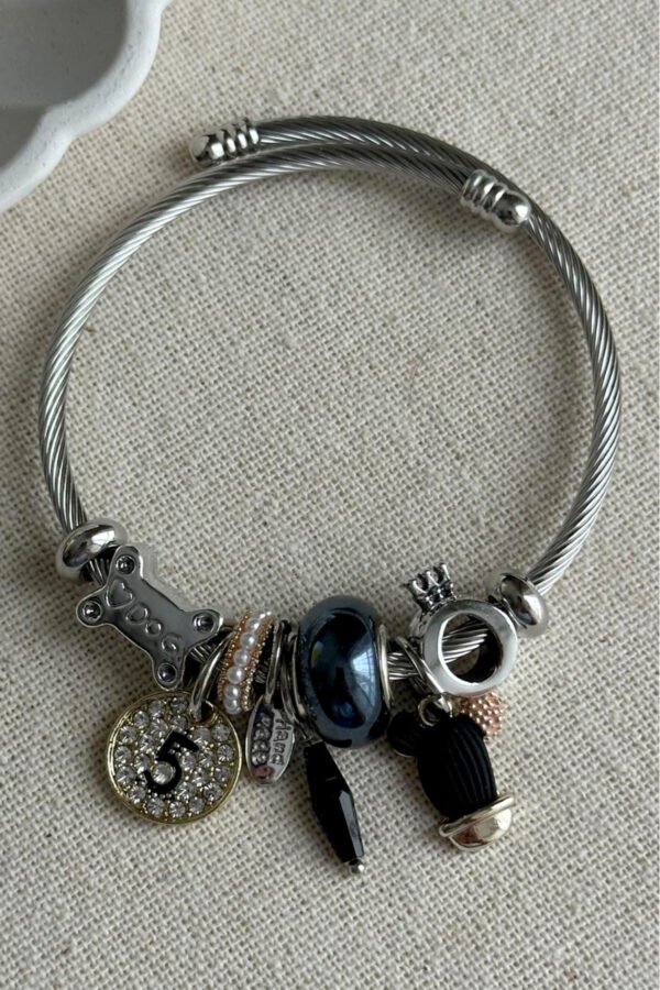 Çelik Charmlı Bileklik 18 cm Siyah Köpek Bileklik Karamaz Kadın Çelik Bileklik