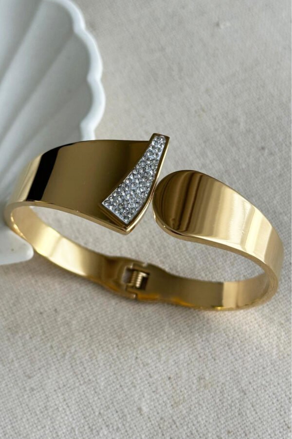 Alternative view of Caprea Çelik 18 Cm Taşlı Asimetril Kadın Kelepçe Kararmaz Kadın Çelik Bileklik