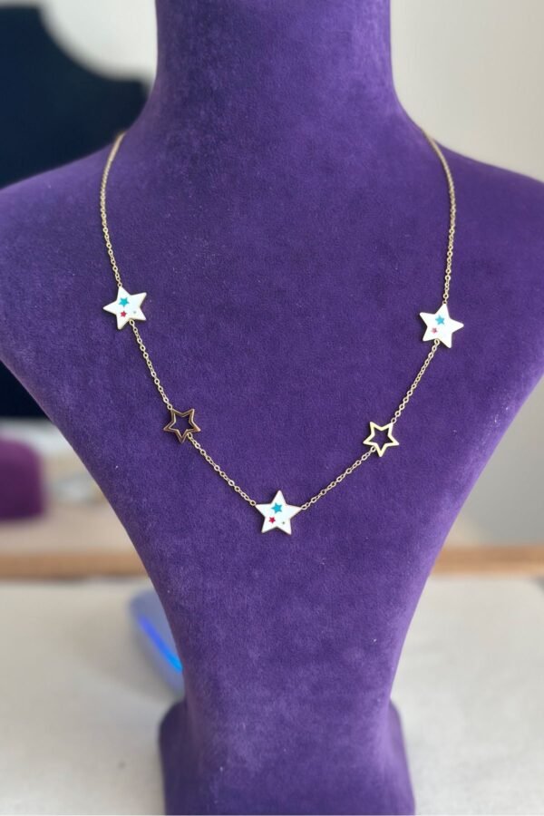 Caprea Çelik 40 + 5 CM Beyaz Yıldız Mineli Kolye Altın Renkli Kararmaz Kadın Kolye