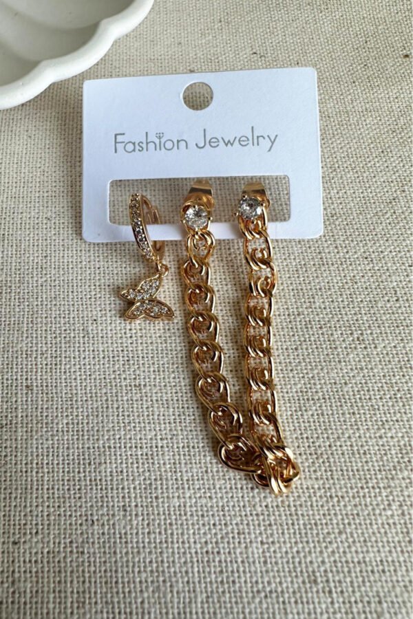 Caprea Pirinç Üçlü Zincir Küpe Karamaz Çoklu Kadın Küpe