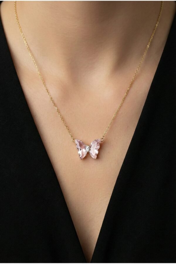 Çelik 40 5 Cm Kelebek Kristal Kolye Altın Renkli Kararmaz Kolye