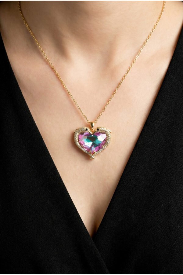 Caprea Çelik His Taşlı Büyük Okyanus Kalbi Kolye Altın Renkli Kararmaz Kadın Kolye 45 cm