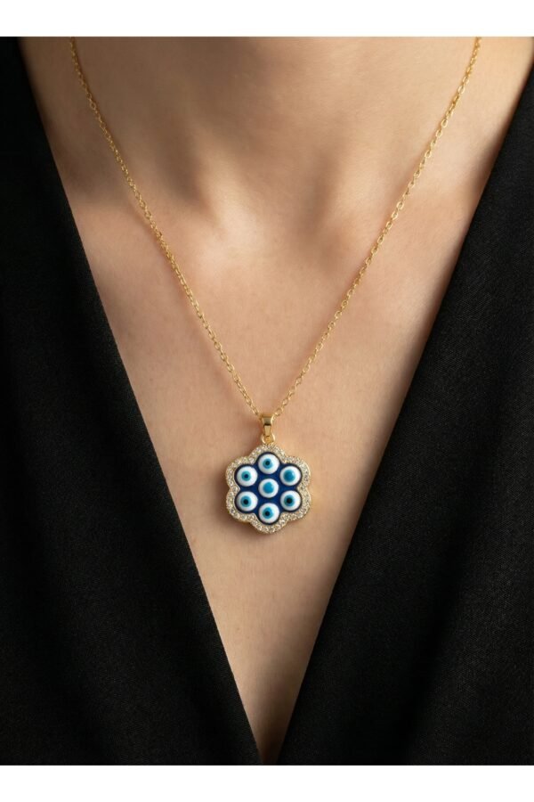 Caprea Çelik 40+5 Cm Mavi Nazar Oktagon Zincir Kolye Altın Renkli Kararmaz Kadın Kolye