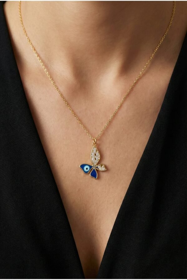 Caprea Çelik Taşlı Nazar Kelebek Zincir Kolye Altın Renkli Kararmaz Zincir Kadın Kolye 40+ 5 cm