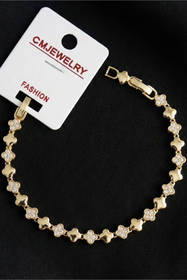 CM 14K Çiçekli Taşlı Yıldızlı Kadın Bileklik – 17+2 cm | Altın Renk Kararmaz CM Takı