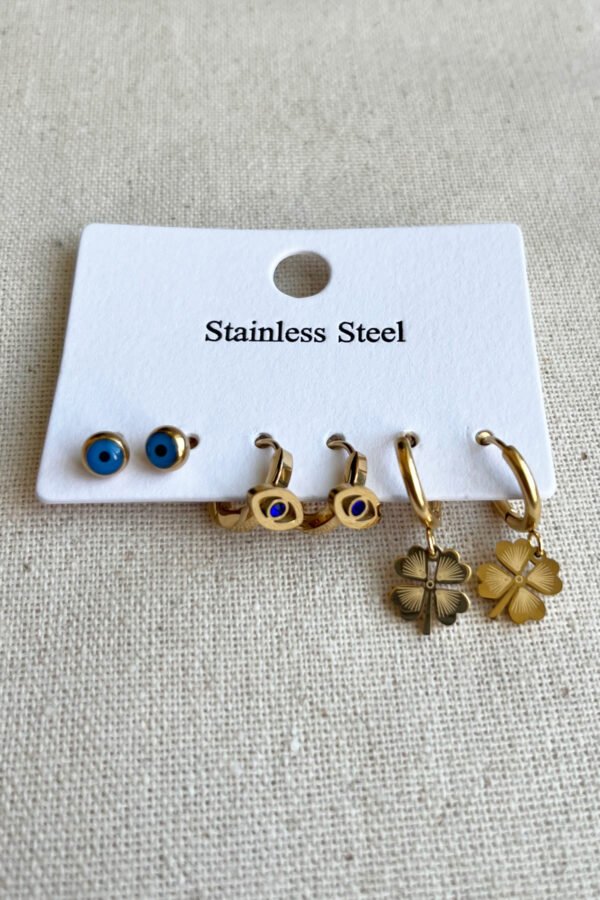 Caprea Çelik Nazarlı Yonca Gözlü Çoklu Küpe Kadın Altın Renkli Kararmaz Küpe