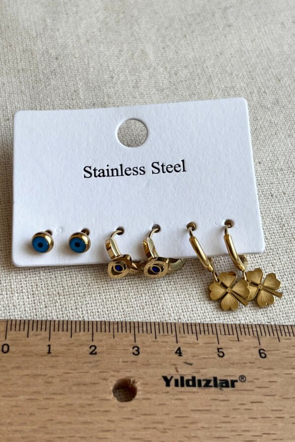 Alternative view of Caprea Çelik Nazarlı Yonca Gözlü Çoklu Küpe Kadın Altın Renkli Kararmaz Küpe