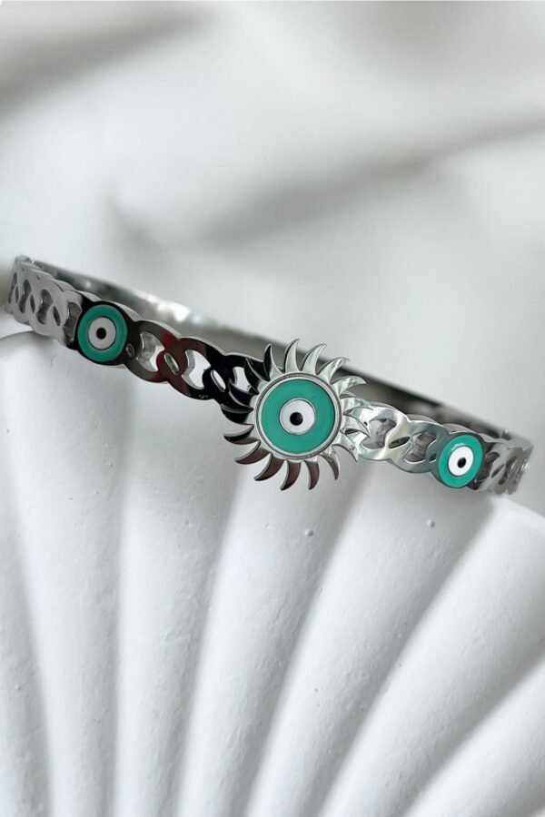 Çelik 18 Cm Çevreli Nazarlı Güneş Kadın Kelepçe Gümüş Renkli Karamaz