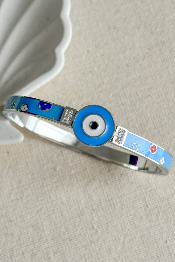 Çelik 18 Cm Çevreli Nazar Mavi Kadın Kelepçe Gümüş Renkli Karamaz