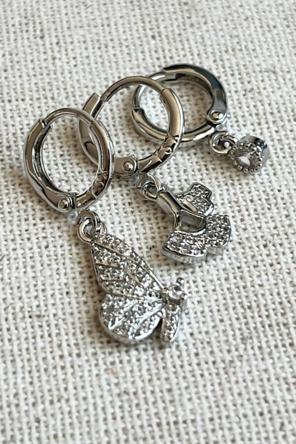 Caprea Pirinç Üçlü Kelebek Küpe Kadın Gümüş Renkli Kararmaz Küpe