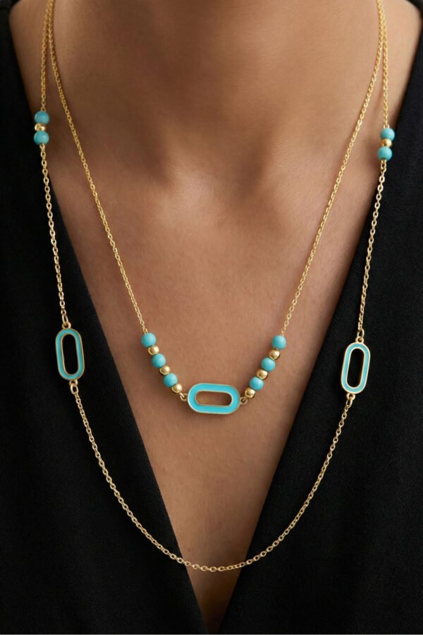 Çelik 22K İkili Turkuaz Kolye 45 cm |Kadın Çelik Kolye