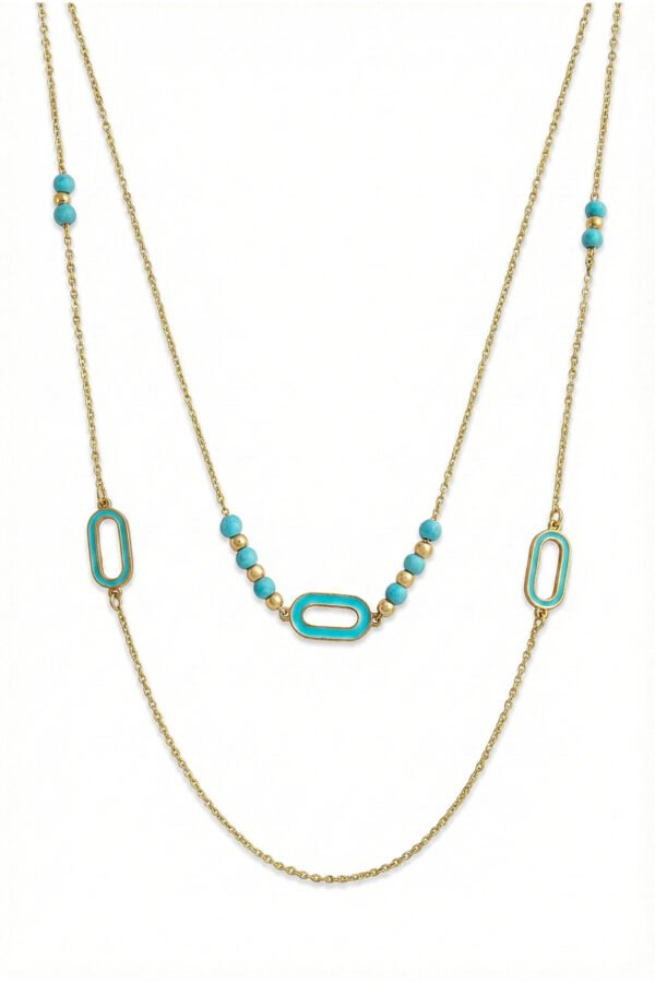 Alternative view of Çelik 22K İkili Turkuaz Kolye 45 cm |Kadın Çelik Kolye