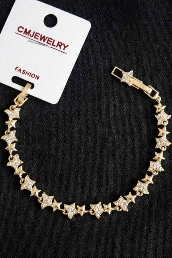 CM 14K Taşlı Zincir Yıldızlı Kadın Bileklik – 17+2 cm | Altın Renk Kararmaz CM Takı