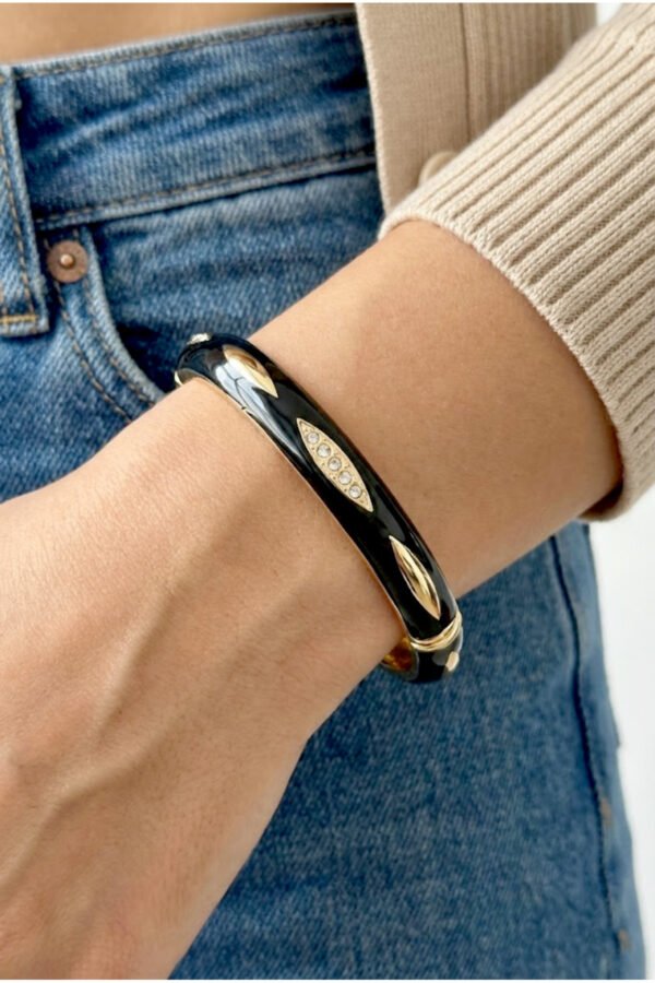 Pirinç Siyah İnce Baklava Mineli Çiçekli Kadın Bileklik I 18 cm Altın Renkli Kadın Takı Bileklik