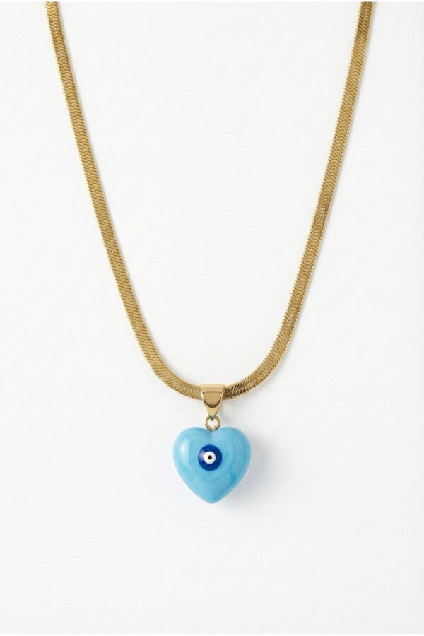 Alternative view of Çelik 22K Açık Mavi Mineli Kalp Nazarlı Kolye 45 cm | Altın Renkli Kararmaz Takı Kadın Çelik Kolye