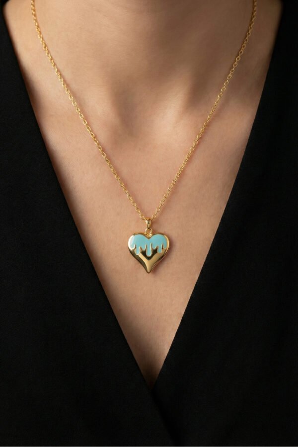 Çelik 22K Mavili Kalp Kolye 45 cm | Altın Renkli Kararmaz Takı Kadın Çelik Kolye