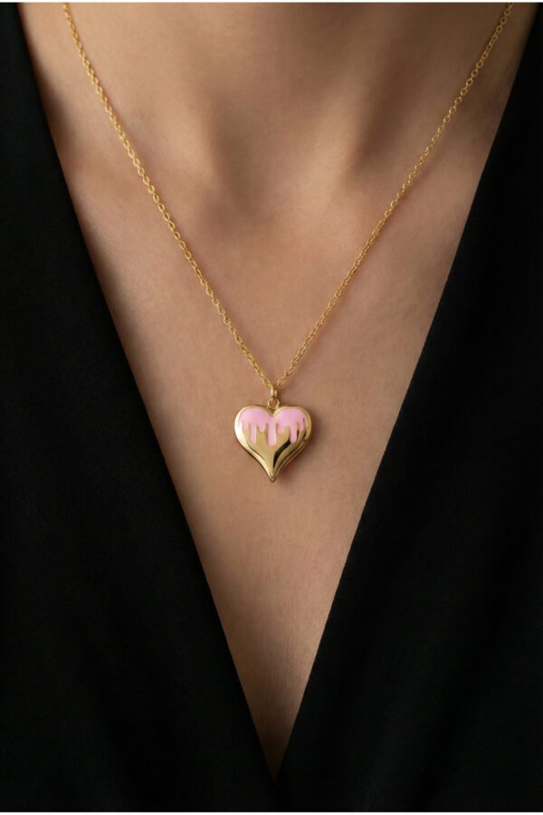 Çelik 22K Pembeli Kalp Kolye 45 cm | Altın Renkli Kararmaz Takı Kadın Çelik Kolye