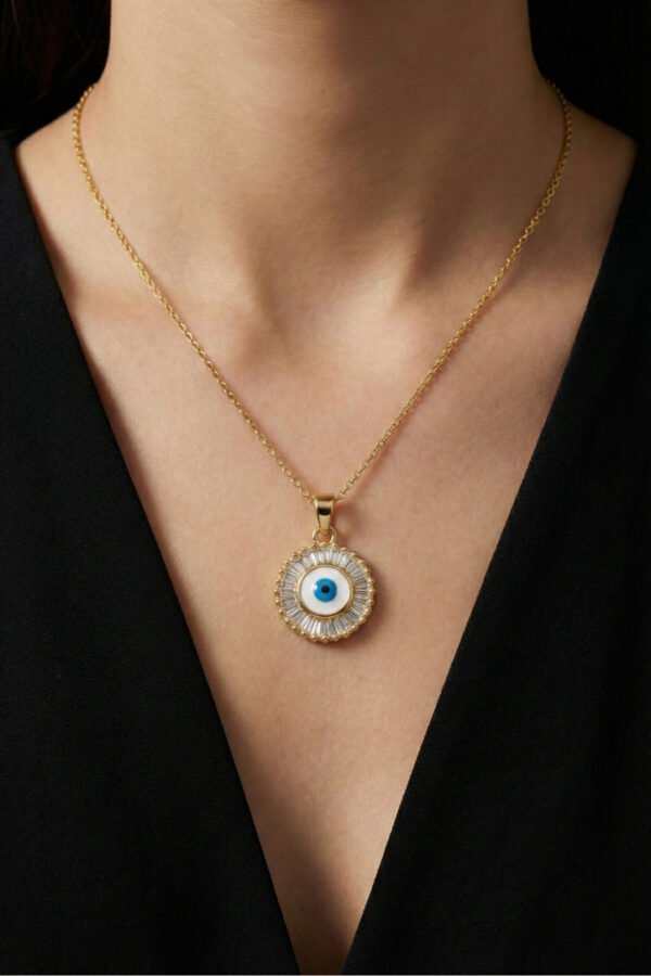 Çelik 22K Nazarlı Yuvarlak Taşlı Kolye 45 cm | Altın Renkli Kararmaz Takı Kadın Çelik Kolye