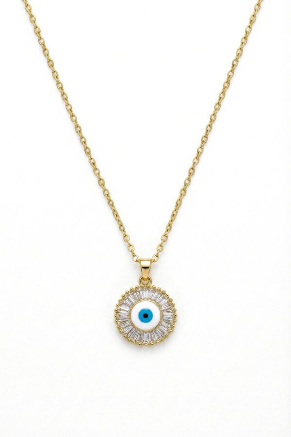 Alternative view of Çelik 22K Nazarlı Yuvarlak Taşlı Kolye 45 cm | Altın Renkli Kararmaz Takı Kadın Çelik Kolye