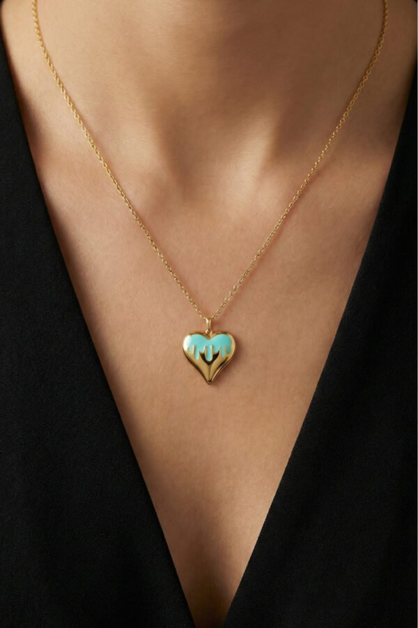 Çelik 22K Turkuaz Kalpli Kolye 45 cm | Altın Renkli Kararmaz Takı Kadın Çelik Kolye