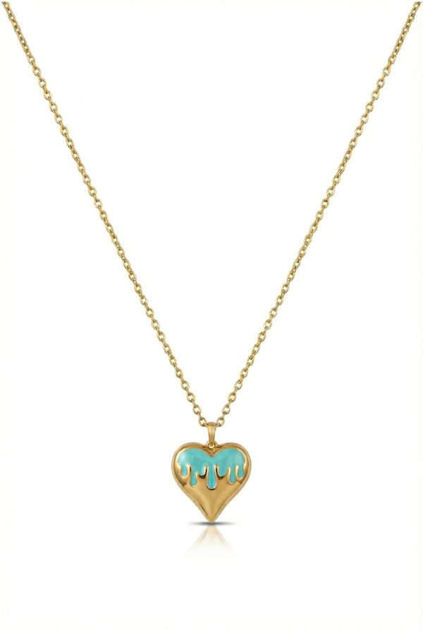 Alternative view of Çelik 22K Turkuaz Kalpli Kolye 45 cm | Altın Renkli Kararmaz Takı Kadın Çelik Kolye