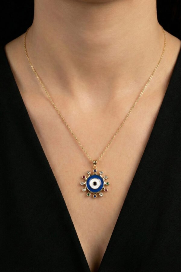 Çelik 22K Renkli Nazar Yuvarlak Kolye 45 cm | Altın Renkli Kararmaz Takı Kadın Çelik Kolye