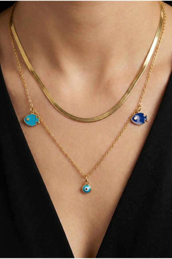 Çelik 22K İkili İtalyan Zincir Nazarlı Balık Kolye 45 cm | Altın Renkli Kararmaz Kadın Çelik Kolye