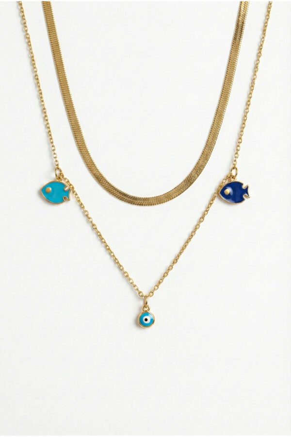 Alternative view of Çelik 22K İkili İtalyan Zincir Nazarlı Balık Kolye 45 cm | Altın Renkli Kararmaz Kadın Çelik Kolye