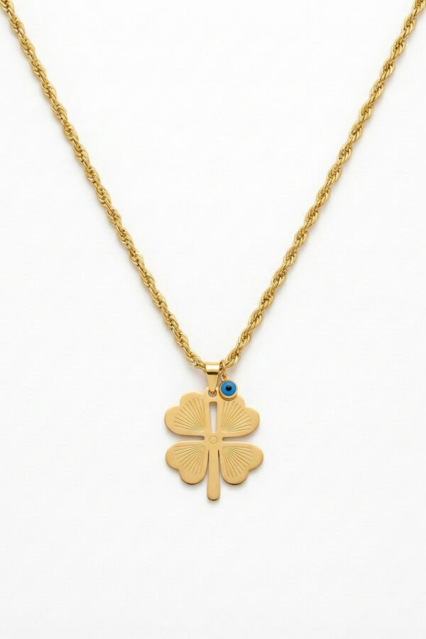 Alternative view of Çelik 22K Nazarlı Yonca Kadın Kolye 60 cm | Altın Renkli Kararmaz Kadın Takı Çelik Kolye