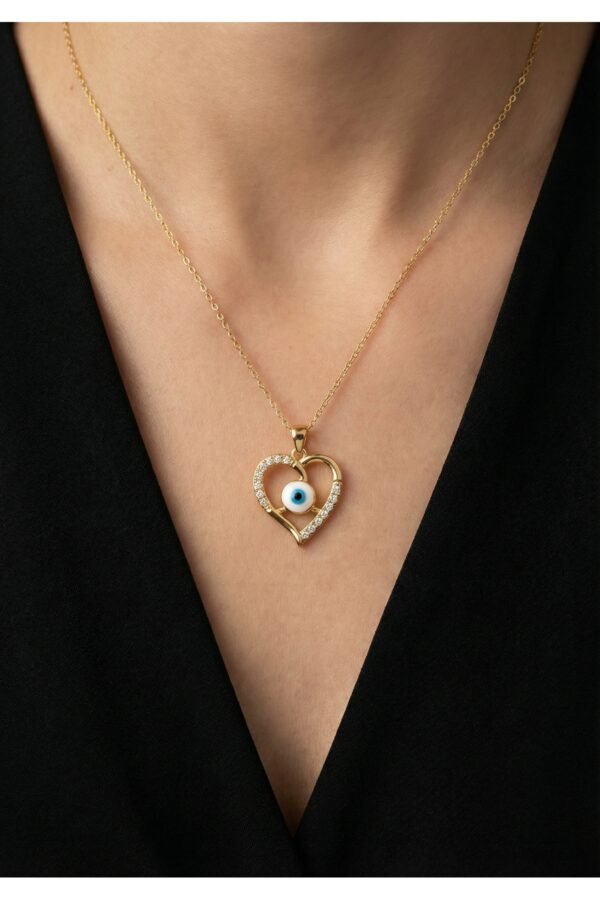 Çelik 22K Kalpli Nazar Kadın Kolye 45 cm | Altın Renkli Kararmaz Kadın Takı Çelik Kolye