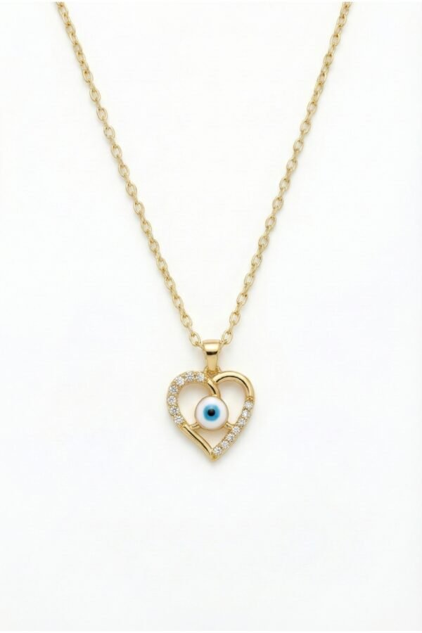 Alternative view of Çelik 22K Kalpli Nazar Kadın Kolye 45 cm | Altın Renkli Kararmaz Kadın Takı Çelik Kolye