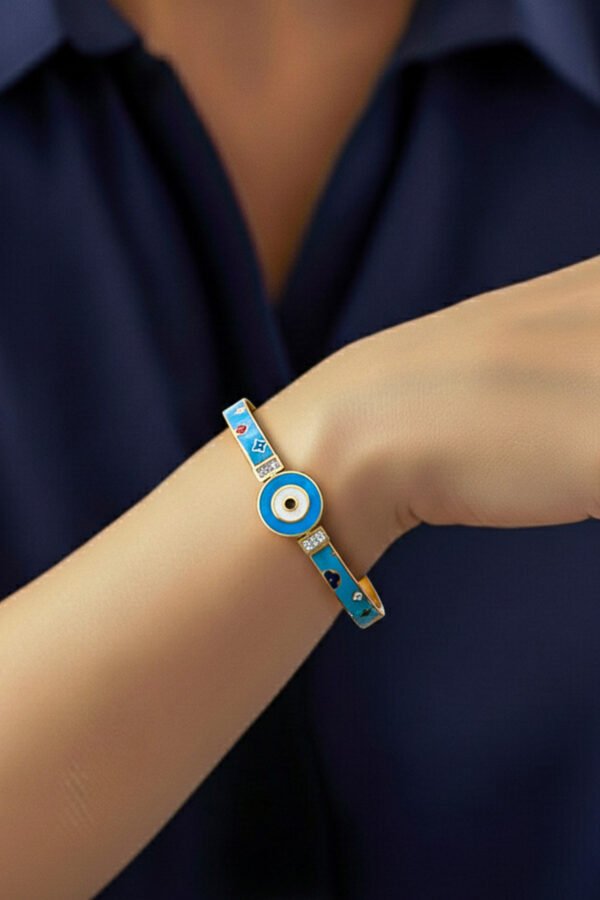 Çelik Mavi Nazar Boncuklu Kadın Kelepçe Bileklik 18 cm Altın Renkli Kadın Bileklik