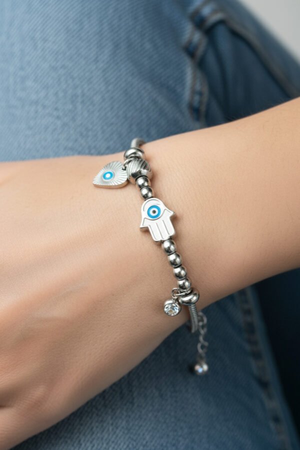 Alternative view of Çelik Hamsa Nazarlı Kadın Bileklik 17+3 cm Gümüş Renkli Nazarlı Kadın Bileklik