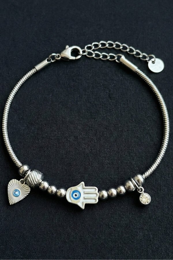 Çelik Hamsa Nazar Kadın Bileklik 17+3 cm Gümüş Renkli Nazarlı Kadın Bileklik