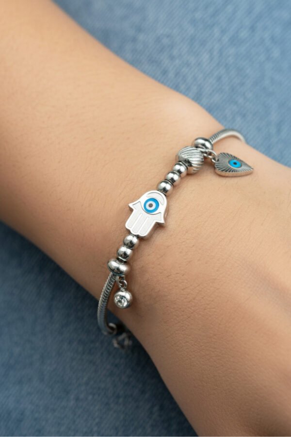 Alternative view of Çelik Hamsa Nazar Kadın Bileklik 17+3 cm Gümüş Renkli Nazarlı Kadın Bileklik