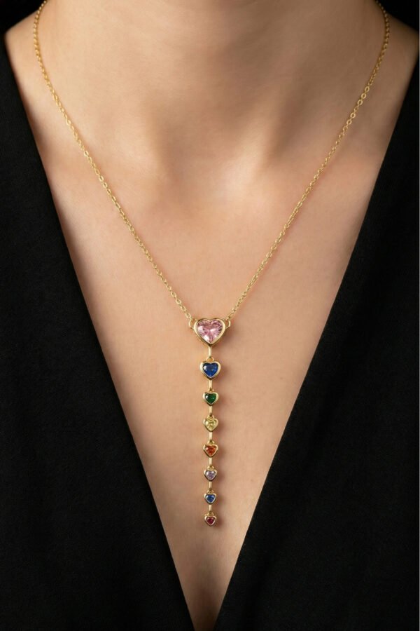 Alternative view of Çelik 14K Renkli Kalp Kolye 40+5 cm | Altın Renkli Kararmaz Takı Kadın Çelik Kolye