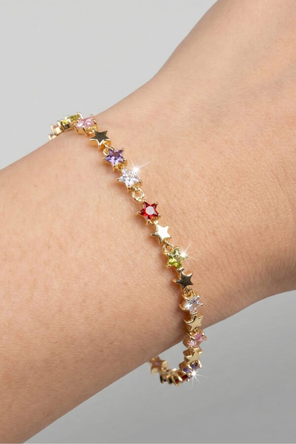 Alternative view of CM 14K Renkli Taşlı Yıldızlı Kadın Bileklik – 17+2 cm | Altın Renk Kararmaz CM Takı