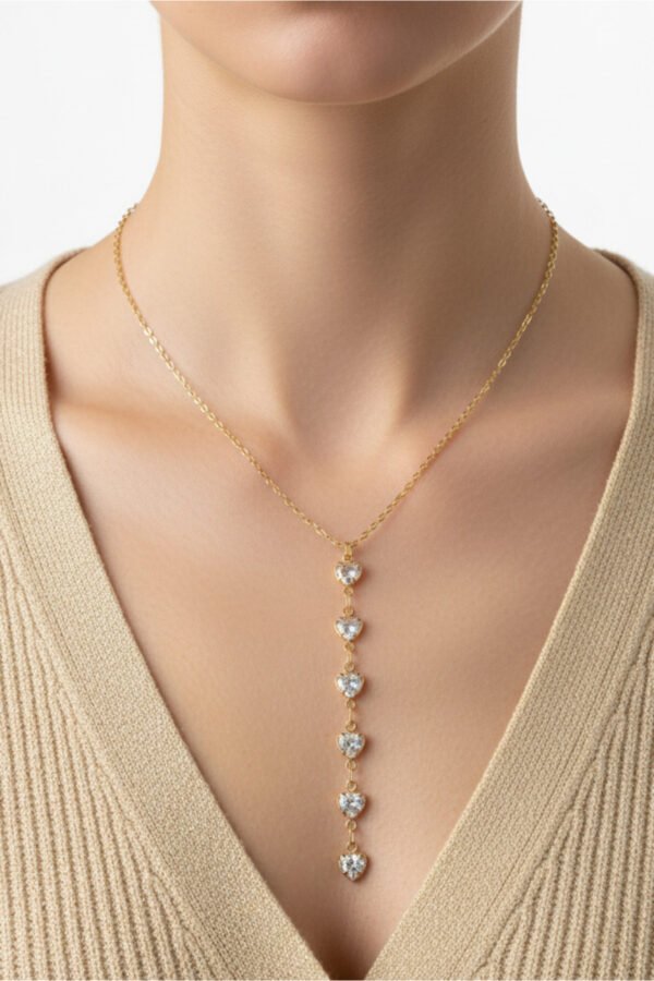 Çelik 14K Zincir Kalpli Y Kolye 45 cm | Altın Renkli Kararmaz Kadın Takı Çelik Kolye