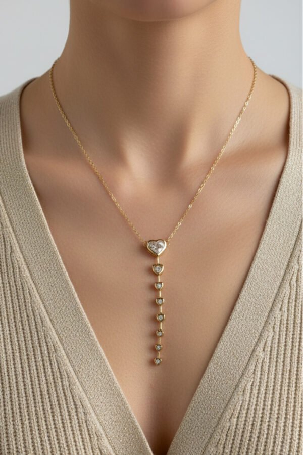 Çelik 14K Kalpli Zincir Y Kolye 45 cm | Altın Renkli Kararmaz Kadın Takı Çelik Kolye