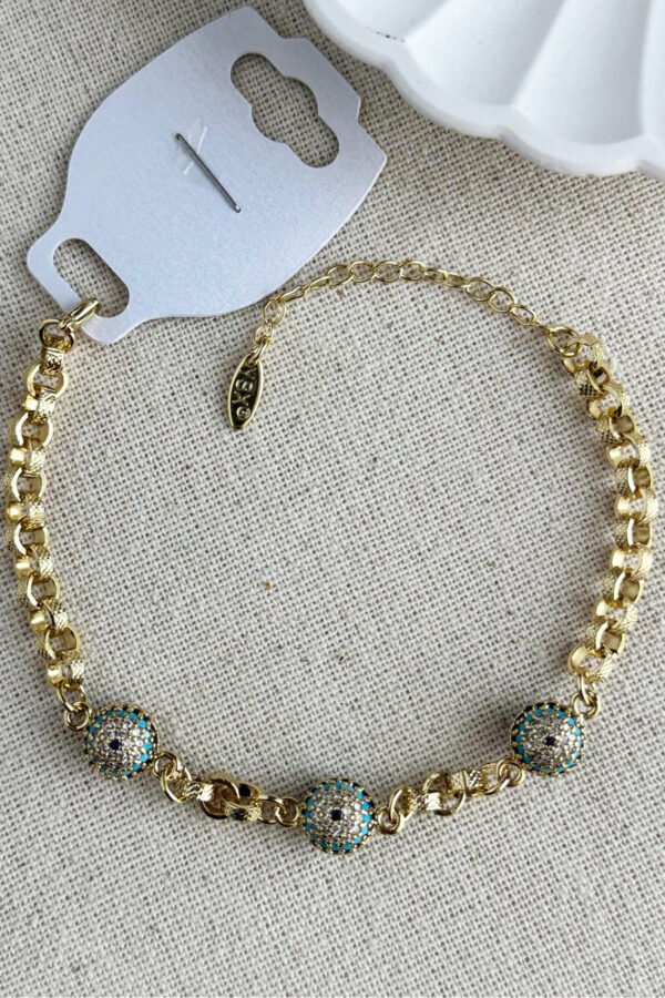 YSX 14K Taşlı Nazar Toplu Zincir Kadın Bileklik 18 + 3 cm Altın Renkli YSX Takı Bileklik